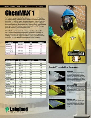 ENTRY LEVEL CHEMICAL PROTECTIVE GARMENT




 You’ve come to expect quality from Lakeland Industries. We’ve utilized
 our vast knowledge in the industry to develop a superior product in the
 ChemMAX™ 1. Offering quality along with durability, this cost-effective
 entry level product will please distributors, safety engineers and plant
 purchasing managers. Whether you are in manufacturing, environmental
 clean up or chemical handling, you can trust the ChemMAX™ family of
 products to protect your workers from harm.

 ChemMAX™ is constructed with a unique polyethylene barrier film
 and a continuous filament polypropylene nonwoven. ChemMAX™ 1
 garments bar many harmful contaminants from penetrating to inner
 clothing. Available with serged, bound and sealed seams for scalability,
 ChemMAX™ fits the Lakeland standard at a price you can afford.


       Property          Test Method         Units           ChemMAX 1
 Basis Weight            ASTM D3776          oz/sy              2.29
 Grab Tensile MD                            pounds               35
                         ASTM D5034
 Grab Tensile XD                            pounds               27
 Trapezoidal Tear MD                        pounds              13.8
                         ASTM D5733
 Trapezoidal Tear XD                        pounds              14.2
 Ball Burst               ASTM D751         pounds              25.5



 Challenge Chemical      CAS Number      Physical State      ChemMAX 1
 Acetone                    67-64-1          Liquid             imm.
 Acetonitrile               75-05-8          Liquid             imm.
 Ammonia Gas              7664-41-7           Gas               imm.
 1,3-Butadiene Gas         106-99-0           Gas               >480        ChemMAX™ is available in these seams:
 Carbon Disulfide           75-15-0          Liquid             imm.
 Chlorine Gas             7782-50-5           Gas               imm.
                                                                                                  Serged Seam
 Dichloromethane            75-09-2          Liquid             imm.                              A serged seam joins two pieces of material
 Diethylamine              109-89-7          Liquid             imm.                              with a thread stitch that interlocks. This is
 Dimethyl Formamide         68-12-2           Gas                40                               an economical stitching method for general
                                                                                                  applications. This stitching method is generally
 Ethyl Acetate             141-78-6          Liquid             imm.                              not used for chemical protective clothing. It is
 Ethylene Oxide Gas         75-21-8           Gas               >480                              more commonly found on limited use clothing
 n-Hexane                  110-54-3          Liquid             imm.                              where dry particulates are of a concern.
 Hydrogen Chloride Gas    7647-01-0           Gas               imm.
 Methanol                   67-56-1          Liquid             imm.                              Sewn and Bound Seam
 Methyl Chloride Gas        74-87-3           Gas               imm.                              This seam joins two pieces of material with an
 Nitrobenzene               98-95-3          Liquid             imm.                              overlay of similar material and is chain stitched
 Sodium Hydroxide, 50%    1310-73-2          Liquid             >480                              through all of the layers for a clean finished
                                                                                                  edge. This provides increased holdout of liquids
 Sulfuric Acid, 98%       7664-93-9          Liquid             >480                              and dry particulates
 Tetrachloroethylene       127-18-4          Liquid             imm.
 Tetrahydrofuran           109-99-9          Liquid             imm.
 Toluene                   108-88-3          Liquid             imm.
                                                                                                  Heat Sealed Seam
                                                                                                  A heat sealed seam is sewn and then sealed
                                                                                                  with a heat activated tape. This method
                                                                                                  provides liquid proof seams, and is especially
                                                                                                  useful for Level A and B chemical protective
                                                                                                  clothing
 