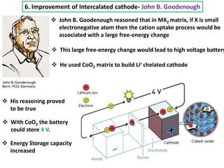 6. Improvement of Intercalated cathode- John B. Goodenough
 John B. Goodenough reasoned that in MX2 matrix, if X is small
electronegative atom then the cation uptake process would be
associated with a large free-energy change
 This large free-energy change would lead to high voltage battery
 He used CoO2 matrix to build Li+ chelated cathode
 His reasoning proved
to be true
 With CoO2 the battery
could store 4 V.
 Energy Storage capacity
increased
 