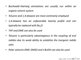 • Buchwald–Hartwig aminations are usually run within an
organic solvent system
• Toluene and 1,4-dioxane are most commonly employed
• 1,4-dioxane has an unfavorable toxicity profile and can
typically be replaced with Bu2O
• THF and DME can also be used
• Toluene is particularly advantageous in the coupling of aryl
iodides due its weak ability to solubilize the inorganic iodide
salts
• Polar solvents DMF, DMSO and t-BuOH can also be used
11
Angew. Chem. .Int. Ed. 1998, 37, 2047
 