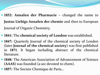  1832: Annalen der Pharmacie – changed the name to
Justus Liebigs Annalen der chemie and then to European
Journal of Organic Chemistry.
 1841: The chemical society of London was established.
 1847: Quarterly Journal of the chemical society of Londen
(later Journal of the chemical society) was first published
in 1871. It began including abstract of the chemical
literature.
 1848: The American Association of Advancement of Science
(AAAS) was founded (a sec devoted to chem).
 1857: The Societe Chemique de Paris…
 