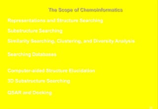 22
Representations and Structure Searching
Substructure Searching
Similarity Searching, Clustering, and Diversity Analysis
Searching Databases
Computer-aided Structure Elucidation
3D Substructure Searching
QSAR and Docking
 