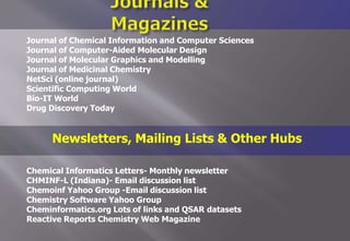 Journal of Chemical Information and Computer Sciences
Journal of Computer-Aided Molecular Design
Journal of Molecular Graphics and Modelling
Journal of Medicinal Chemistry
NetSci (online journal)
Scientific Computing World
Bio-IT World
Drug Discovery Today
Newsletters, Mailing Lists & Other Hubs
Chemical Informatics Letters- Monthly newsletter
CHMINF-L (Indiana)- Email discussion list
Chemoinf Yahoo Group -Email discussion list
Chemistry Software Yahoo Group
Cheminformatics.org Lots of links and QSAR datasets
Reactive Reports Chemistry Web Magazine
 
