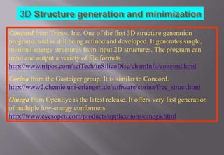 Concord from Tripos, Inc. One of the first 3D structure generation
programs, and is still being refined and developed. It generates single,
minimal-energy structures from input 2D structures. The program can
input and output a variety of file formats.
http://www.tripos.com/sciTech/inSilicoDisc/chemInfo/concord.html
Corina from the Gasteiger group. It is similar to Concord.
http://www2.chemie.uni-erlangen.de/software/corina/free_struct.html
Omega from OpenEye is the latest release. It offers very fast generation
of multiple low-energy conformers.
http://www.eyesopen.com/products/applications/omega.html
 