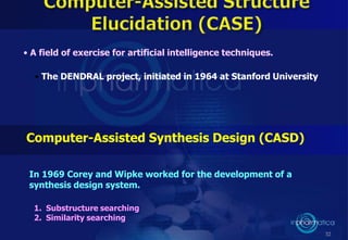 32
• A field of exercise for artificial intelligence techniques.
• The DENDRAL project, initiated in 1964 at Stanford University
Computer-Assisted Synthesis Design (CASD)
In 1969 Corey and Wipke worked for the development of a
synthesis design system.
1. Substructure searching
2. Similarity searching
 