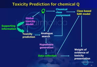 38
Global
toxicity
model
Supporting
information
Toxicity
prediction
Hypothesis
generation
Analogue
search
Chemical
class
assignment
Class based
SAR model
Weight of
evidence of
toxicity
presentation
Data collection
Q
 