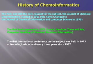 The first, and still the core, journal for the subject, the Journal of Chemical
Documentation, started in 1961 (the name Changed to
the Journal of Chemical Information and computer Science in 1975)
The first book appeared in 1971 (Lynch, Harrison, Town and Ash,
Computer Handling of Chemical Structure Information)
The first international conference on the subject was held in 1973
at Noordwijkerhout and every three years since 1987
 