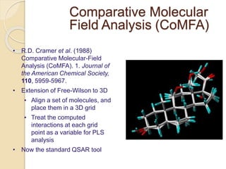 Comparative Molecular
Field Analysis (CoMFA)
• R.D. Cramer et al. (1988)
Comparative Molecular-Field
Analysis (CoMFA). 1. Journal of
the American Chemical Society,
110, 5959-5967.
• Extension of Free-Wilson to 3D
• Align a set of molecules, and
place them in a 3D grid
• Treat the computed
interactions at each grid
point as a variable for PLS
analysis
• Now the standard QSAR tool
 