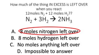 How much of the thing IN EXCESS is LEFT OVER
when you react
12moles N2 + 12 moles H2??
N2 + 3H2  2NH3
A. 8 moles nitrogen left over
B. 8 moles hydrogen left over
C. No moles anything left over
D. Impossible to answer
 
