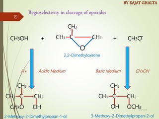 Regioselectivity in cleavage of epoxides
CH3 C CH2
O
CH3
CH3OH + + CH3O
-
CH3OH
Basic Medium
H+ Acidic Medium
CH3 C CH2
CH3
OH
CH3O
CH3 C CH2
CH3
OH OCH3
2,2-Dimethyloxirene
2-Methoxy-2-Dimethylpropan-1-ol 3-Methoxy-2-Dimethylpropan-2-ol
4/10/2018
19
 