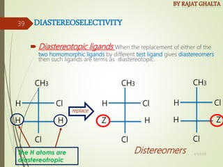 DIASTEREOSELECTIVITY
 Diastereotopic ligands When the replacement of either of the
two homomorphic ligands by different test ligand gives diastereomers
then such ligands are terms as diastereotopic.
Cl
H
CH3
Cl
H H
Cl
H
CH3
Cl
Z H
Cl
H
CH3
Cl
H Z
Distereomers
replace
4/10/2018
39
 