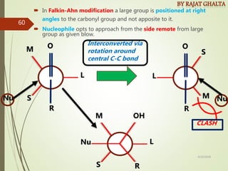  In Falkin-Ahn modification a large group is positioned at right
angles to the carbonyl group and not apposite to it.
 Nucleophile opts to approach from the side remote from large
group as given blow.
L
S
R
O
M
L
S
R
O
M
Interconverted via
rotation around
central C-C bond
Nu Nu
L
S R
OH
M
Nu
CLASH
4/10/2018
60
 