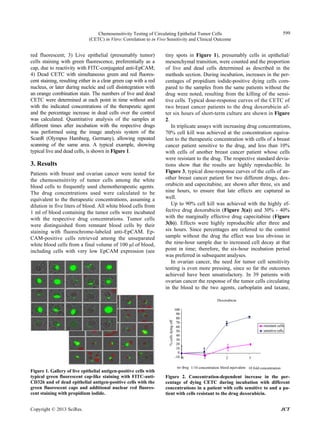 Chemosensitivity Testing of Circulating Epithelial Tumor Cells
(CETC) in Vitro: Correlation to in Vivo Sensitivity and Clinical Outcome
599
red fluorescent; 3) Live epithelial (presumably tumor)
cells staining with green fluorescence, preferentially as a
cap, due to reactivity with FITC-conjugated anti-EpCAM;
4) Dead CETC with simultaneous green and red fluores-
cent staining, resulting either in a clear green cap with a red
nucleus, or later during nucleic and cell disintegration with
an orange combination stain. The numbers of live and dead
CETC were determined at each point in time without and
with the indicated concentrations of the therapeutic agent
and the percentage increase in dead cells over the control
was calculated. Quantitative analysis of the samples at
different times after incubation with the respective drugs
was performed using the image analysis system of the
ScanR (Olympus Hamburg, Germany), allowing repeated
scanning of the same area. A typical example, showing
typical live and dead cells, is shown in Figure 1.
3. Results
Patients with breast and ovarian cancer were tested for
the chemosensitivity of tumor cells among the white
blood cells to frequently used chemotherapeutic agents.
The drug concentrations used were calculated to be
equivalent to the therapeutic concentrations, assuming a
dilution in five liters of blood. All white blood cells from
1 ml of blood containing the tumor cells were incubated
with the respective drug concentrations. Tumor cells
were distinguished from remnant blood cells by their
staining with fluorochrome-labeled anti-EpCAM. Ep-
CAM-positive cells retrieved among the unseparated
white blood cells from a final volume of 100 µl of blood,
including cells with very low EpCAM expression (see
Figure 1. Gallery of live epithelial antigen-positive cells with
typical green fluorescent cap-like staining with FITC-anti-
CD326 and of dead epithelial antigen-positive cells with the
green fluorescent caps and additional nuclear red fluores-
cent staining with propidium iodide.
tiny spots in Figure 1), presumably cells in epithelial/
mesenchymal transition, were counted and the proportion
of live and dead cells determined as described in the
methods section. During incubation, increases in the per-
centages of propidium iodide-positive dying cells com-
pared to the samples from the same patients without the
drug were noted, resulting from the killing of the sensi-
tive cells. Typical dose-response curves of the CETC of
two breast cancer patients to the drug doxorubicin af-
ter six hours of short-term culture are shown in Figure
2.
In triplicate assays with increasing drug concentrations,
70% cell kill was achieved at the concentration equiva-
lent to the therapeutic concentration with cells of a breast
cancer patient sensitive to the drug, and less than 10%
with cells of another breast cancer patient whose cells
were resistant to the drug. The respective standard devia-
tions show that the results are highly reproducible. In
Figure 3, typical dose-response curves of the cells of an-
other breast cancer patient for two different drugs, dox-
orubicin and capecitabine, are shown after three, six and
nine hours, to ensure that late effects are captured as
well.
Up to 90% cell kill was achieved with the highly ef-
fective drug doxorubicin (Figure 3(a)) and 30% - 40%
with the marginally effective drug capecitabine (Figure
3(b)). Effects were highly reproducible after three and
six hours. Since percentages are referred to the control
sample without the drug the effect was less obvious in
the nine-hour sample due to increased cell decay at that
point in time; therefore, the six-hour incubation period
was preferred in subsequent analyses.
In ovarian cancer, the need for tumor cell sensitivity
testing is even more pressing, since so far the outcomes
achieved have been unsatisfactory. In 39 patients with
ovarian cancer the response of the tumor cells circulating
in the blood to the two agents, carboplatin and taxane,
Figure 2. Concentration-dependent increase in the per-
centage of dying CETC during incubation with different
concentrations in a patient with cells sensitive to and a pa-
tient with cells resistant to the drug doxorubicin.
Copyright © 2013 SciRes. JCT
 