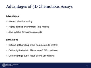 Advantages of 3D Chemotaxis Assays
11
Advantages
▹ More in vivo-like setting
▹ Highly defined environment (e.g. matrix)
▹ Also suitable for suspension cells
Limitations
▹ Difficult gel handling, more parameters to control
▹ Cells might attach to 2D surface (2.5D condition)
▹ Cells might go out of focus during 3D tracking
 