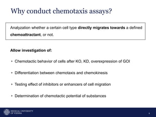 Why conduct chemotaxis assays?
8
Analyzation whether a certain cell type directly migrates towards a defined
chemoattractant, or not.
Allow investigation of:
▹ Chemotactic behavior of cells after KO, KD, overexpression of GOI
▹ Differentiation between chemotaxis and chemokinesis
▹ Testing effect of inhibitors or enhancers of cell migration
▹ Determination of chemotactic potential of substances
 