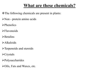 What are these chemicals?
The following chemicals are present in plants:
Non - protein amino acids
Phenolics
Flavonoids
Betalins
Alkaloids
Terpenoids and steroids
Crystals
Polysaccharides
Oils, Fats and Waxes, etc.
 