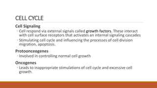 Cell Signaling
◦ Cell respond via external signals called growth factors. These interact
with cell surface receptors that activates an internal signaling cascades
◦ Stimulating cell cycle and influencing the processes of cell division
migration, apoptosis.
Protoonceogenes
◦ Involved in controlling normal cell growth
Oncogenes
◦ Leads to inappropriate stimulations of cell cycle and excessive cell
growth.
CELL CYCLE
 