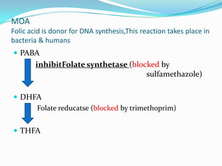 MOA
Folic acid is donor for DNA synthesis,This reaction takes place in
bacteria & humans
 PABA

inhibitFolate synthetase (blocked by
sulfamethazole)
 DHFA
Folate reducatse (blocked by trimethoprim)
 THFA

 