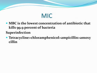 MIC
 MBC is the lowest concentration of antibiotic that

kills 99.9 percent of bacteria
Superinfection
 Tetracycline>chloramphenicol>ampicillin>amoxy
cillin

 