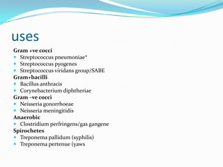 uses
Gram +ve cocci
 Streptococcus pneumoniae*
 Streptococcus pyogenes
 Streptococcus viridans group/SABE
Gram+bacilli
 Bacillus anthracis
 Corynebacterium diphtheriae
Gram –ve cocci
 Neisseria gonorrhoeae
 Neisseria meningitidis
Anaerobic
 Clostridium perfringens/gas gangene
Spirochetes
 Treponema pallidum (syphilis)
 Treponema pertenue (yaws

 