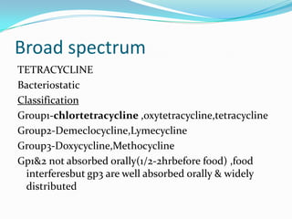 Broad spectrum
TETRACYCLINE
Bacteriostatic
Classification
Group1-chlortetracycline ,oxytetracycline,tetracycline
Group2-Demeclocycline,Lymecycline
Group3-Doxycycline,Methocycline
Gp1&2 not absorbed orally(1/2-2hrbefore food) ,food
interferesbut gp3 are well absorbed orally & widely
distributed

 