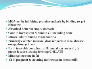  MOA-act by inhibiting protein synthesis by binding to 30S









ribosome
Absorbed better in empty stomach
Conc in liver spleen & bind to CT including bone
Intracellularly bind to mitochondria
Primarily excreted in urine( dose reduced in renal disease
except doxycycline )
Form insoluble complex c milk ,metal ion ,antacid , fe
prepn & cause toxicity forming CHELATE
Minocycline conc in fat
CI in pregnant & lactating mother.sec in breast milk

 
