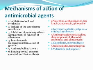 Mechanisms of action of
antimicrobial agents
 1. Inhibition of cell wall

 1.Penicillins, cephalosporins, bac











synthesis :
2. leakage of the cytoplasmic
membrane :
3. Inhibition of protein synthesis
&impairment of function of
ribosomes
4. Interference in
transcription/translation of
genetic:
5. Antimetabolite actions :
6. Binding to viral enzymes
essential for DNA synthesis

itracin,vancomycin,cycloserine






2.Polymixin, collistin, polyene, a
ntifungal antibiotics
3.Aminoglycosides,tetracycline,
chloramphenicol,Macrolide
antibiotics, and clindamycin
4.Quinolones, metronidazole
5.Sulfonamides, trimethoprim
6.Vidarabine and acyclovir

 