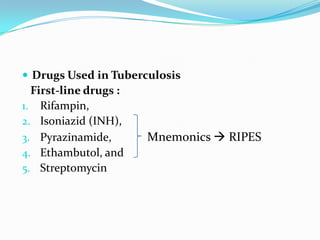  Drugs Used in Tuberculosis

First-line drugs :
1. Rifampin,
2. Isoniazid (INH),
3. Pyrazinamide,
4. Ethambutol, and
5. Streptomycin

Mnemonics  RIPES

 