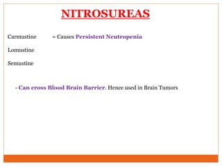 NITROSUREAS
Carmustine = Causes Persistent Neutropenia
Lomustine
Semustine
- Can cross Blood Brain Barrier. Hence used in Brain Tumors
 