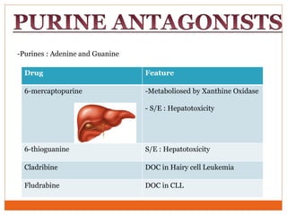 Drug Feature
6-mercaptopurine -Metaboliosed by Xanthine Oxidase
- S/E : Hepatotoxicity
6-thioguanine S/E : Hepatotoxicity
Cladribine DOC in Hairy cell Leukemia
Fludrabine DOC in CLL
-Purines : Adenine and Guanine
 