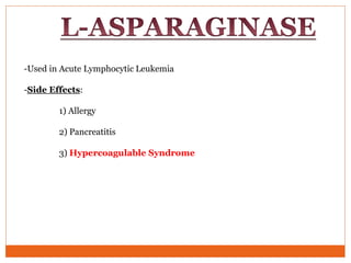 -Used in Acute Lymphocytic Leukemia
-Side Effects:
1) Allergy
2) Pancreatitis
3) Hypercoagulable Syndrome
 