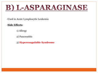 -Used in Acute Lymphocytic Leukemia
-Side Effects:
1) Allergy
2) Pancreatitis
3) Hypercoagulable Syndrome
 