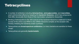 Tetracyclines
 A number of antibiotics including tetraclyclines, aminoglycosides, and macrolides,
exert antimicrobial effects by targeting the bacterial ribosome, which has components
that differ structurally from those of the mammalian cytoplasmic ribosomes.
 Binding of tetraclycline to the 30S subunit of the bacterial ribosome is believed to block
access of the amino acyl-tRNA to the mRNA-ribosome complex at the acceptor site,
thereby inhibiting the bacterial protein synthesis.
 Tetracyclines are broad-spectrum antibiotics (i.e many bacteria are sensitive to these
drugs)
 Tetracyclines are generally bacteriostatic
 