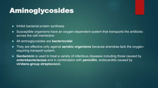 Aminoglycosides
 Inhibit bacterial protein synthesis
 Susceptible organisms have an oxygen-dependent system that transports the antibiotic
across the cell membrane
 All aminoglycosides are bacteriocidal
 They are effective only against aerobic organisms because anerobes lack the oxygen-
requiring transport system.
 Gentamicin is used to treat a variety of infectious diseases including those caused by
enterobacteriaceae and in combination with penicillin, endocarditis caused by
viridans-group streptococci.
 