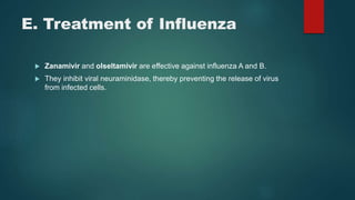 E. Treatment of Influenza
 Zanamivir and olseltamivir are effective against influenza A and B.
 They inhibit viral neuraminidase, thereby preventing the release of virus
from infected cells.
 