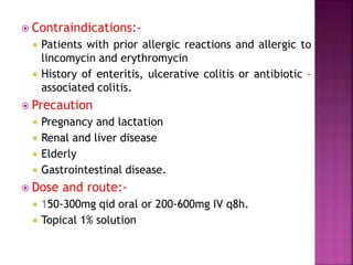  Contraindications:-
 Patients with prior allergic reactions and allergic to
lincomycin and erythromycin
 History of enteritis, ulcerative colitis or antibiotic –
associated colitis.
 Precaution
 Pregnancy and lactation
 Renal and liver disease
 Elderly
 Gastrointestinal disease.
 Dose and route:-
 150-300mg qid oral or 200-600mg IV q8h.
 Topical 1% solution
 