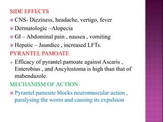 SIDE EFFECTS
 CNS- Dizziness, headache, vertigo, fever
 Dermatologic –Alopecia
 GI – Abdominal pain , nausea , vomiting
 Hepatic – Jaundice , increased LFTs.
PYRANTEL PAMOATE
 Efficacy of pyrantel pamoate against Ascaris ,
Enterobius , and Ancylostoma is high than that of
mabendazole.
MECHANISM OF ACTION
 Pyrantel pamoate blocks neuromuscular action ,
paralysing the worm and causing its expulsion
 