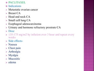  PACLITAXEL
 Indications
 Metastatic ovarian cancer
 Breast CA
 Head and neck CA
 Small cell lung CA
 Esophageal adenocarcinoma
 Urinary and hormone refractory prostrate CA
 Dose
 135-175 mg/m2 by infusion over 3 hour and repeat every
weeks
 Side effects-
 Nausea
 Chest pain
 Arthralgia
 Myalgia
 Mucositis
 edema
 