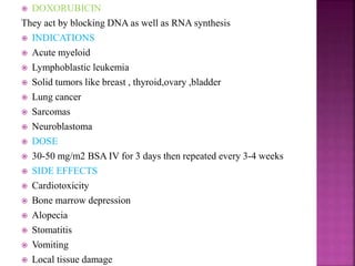  DOXORUBICIN
They act by blocking DNA as well as RNA synthesis
 INDICATIONS
 Acute myeloid
 Lymphoblastic leukemia
 Solid tumors like breast , thyroid,ovary ,bladder
 Lung cancer
 Sarcomas
 Neuroblastoma
 DOSE
 30-50 mg/m2 BSA IV for 3 days then repeated every 3-4 weeks
 SIDE EFFECTS
 Cardiotoxicity
 Bone marrow depression
 Alopecia
 Stomatitis
 Vomiting
 Local tissue damage
 