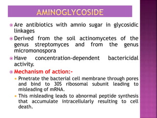  Are antibiotics with amnio sugar in glycosidic
linkages
 Derived from the soil actinomycetes of the
genus streptomyces and from the genus
micromonospora
 Have concentration-dependent bactericidal
activity.
 Mechanism of action:-
 Prnetrate the bacterial cell membrane through pores
and bind to 30S ribosomal subunit leading to
misleading of mRNA.
 This misleading leads to abnormal peptide synthesis
that accumulate intracellularly resulting to cell
death.
 
