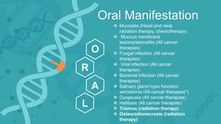 Oral Manifestation
 Mucositis (Head and neck
radiation therapy, chemotherapy)
 Mucous membrane
lesions/stomatitis (All cancer
therapies)
 Fungal infection (All cancer
therapies)
 Viral infection (All cancer
therapies)
 Bacterial infection (All cancer
therapies)
 Salivary gland hypo function/
xerostomia (All cancer therapies*)
 Dysgeusia (All cancer therapies)
 Halitosis (All cancer therapies)
 Trismus (radiation therapy)
 Osteoradionecrosis (radiation
therapy)
O
R
A
L
 
