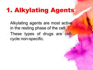 1. Alkylating Agents
× Alkylating agents are most active
in the resting phase of the cell.
× These types of drugs are cell-
cycle non-specific.
 
