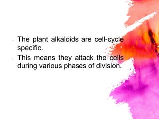 × The plant alkaloids are cell-cycle
specific.
× This means they attack the cells
during various phases of division.
 