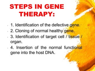 STEPS IN GENE
THERAPY:
× 1. Identification of the defective gene.
× 2. Cloning of normal healthy gene.
× 3. Identification of target cell / tissue /
organ.
× 4. Insertion of the normal functional
gene into the host DNA.
 