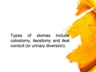 × Types of stomas include
colostomy, ileostomy and ileal
conduit (or urinary diversion).
 