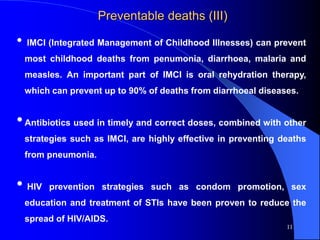 11
Preventable deaths (III)
• IMCI (Integrated Management of Childhood Illnesses) can prevent
most childhood deaths from penumonia, diarrhoea, malaria and
measles. An important part of IMCI is oral rehydration therapy,
which can prevent up to 90% of deaths from diarrhoeal diseases.
•Antibiotics used in timely and correct doses, combined with other
strategies such as IMCI, are highly effective in preventing deaths
from pneumonia.
• HIV prevention strategies such as condom promotion, sex
education and treatment of STIs have been proven to reduce the
spread of HIV/AIDS.
 