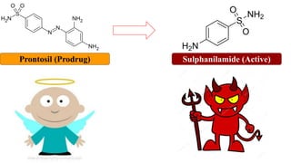 Prontosil (Prodrug) Sulphanilamide (Active)
 