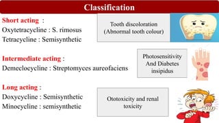 Classification
Short acting :
Oxytetracycline : S. rimosus
Tetracycline : Semisynthetic
Intermediate acting :
Demeclocycline : Streptomyces aureofaciens
Long acting :
Doxycycline : Semisynthetic
Minocycline : semisynthetic
Photosensitivity
And Diabetes
insipidus
Tooth discoloration
(Abnormal tooth colour)
Ototoxicity and renal
toxicity
 