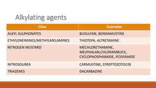 Alkylating agents
Class Examples
ALKYL SULPHONATES BUSULFAN, BENDAMUSTINE
ETHYLENEIMINES/METHYLMELAMINES THIOTEPA, ALTRETAMINE
NITROGEN MUSTARD MECHLORETHAMINE,
MELPHALAN,CHLORAMBUCIL,
CYCLOPHOSPHAMIDE, IFOSFAMIDE
NITROSOUREA CARMUSTINE, STREPTOZOTOCIN
TRIAZENES DACARBAZINE
 