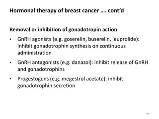Hormonal therapy of breast cancer …. cont’d
Removal or inhibition of gonadotropin action
• GnRH agonists (e.g. goserelin, buserelin, leuprolide):
inhibit gonadotrophin synthesis on continuous
administration
• GnRH antagonists (e.g. danazol): inhibit release of GnRH
and gonadotrophins
• Progestogens (e.g. megestrol acetate): inhibit
gonadotrophin secretion
146
 