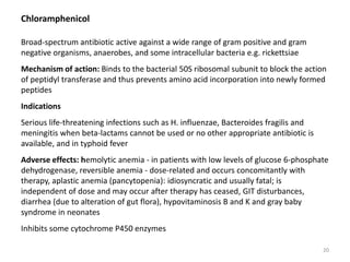 Chloramphenicol
Broad-spectrum antibiotic active against a wide range of gram positive and gram
negative organisms, anaerobes, and some intracellular bacteria e.g. rickettsiae
Mechanism of action: Binds to the bacterial 50S ribosomal subunit to block the action
of peptidyl transferase and thus prevents amino acid incorporation into newly formed
peptides
Indications
Serious life-threatening infections such as H. influenzae, Bacteroides fragilis and
meningitis when beta-lactams cannot be used or no other appropriate antibiotic is
available, and in typhoid fever
Adverse effects: hemolytic anemia - in patients with low levels of glucose 6-phosphate
dehydrogenase, reversible anemia - dose-related and occurs concomitantly with
therapy, aplastic anemia (pancytopenia): idiosyncratic and usually fatal; is
independent of dose and may occur after therapy has ceased, GIT disturbances,
diarrhea (due to alteration of gut flora), hypovitaminosis B and K and gray baby
syndrome in neonates
Inhibits some cytochrome P450 enzymes
20
 